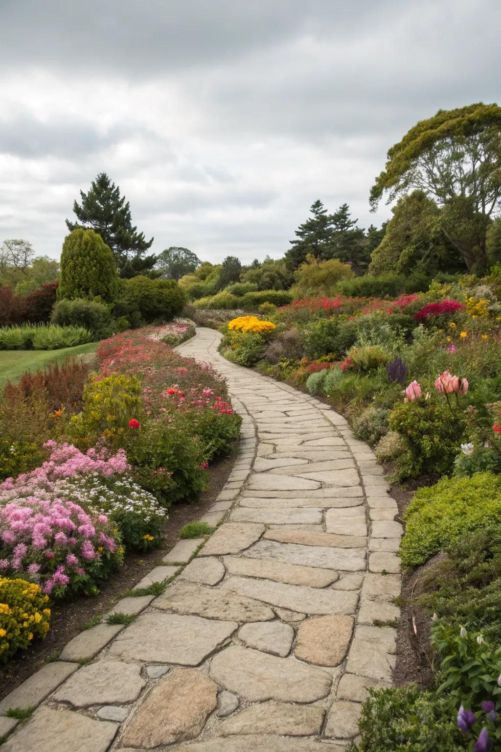 An elegant stone pathway winding through a vibrant zone 9a garden.
