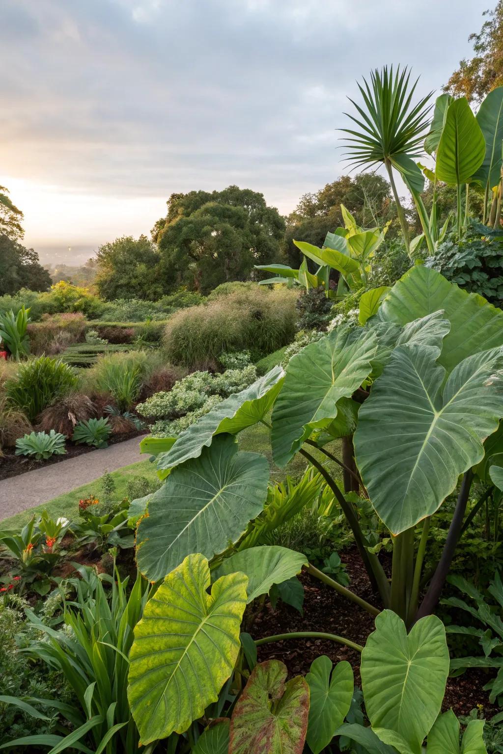 Bold foliage plants creating a dramatic garden impact.