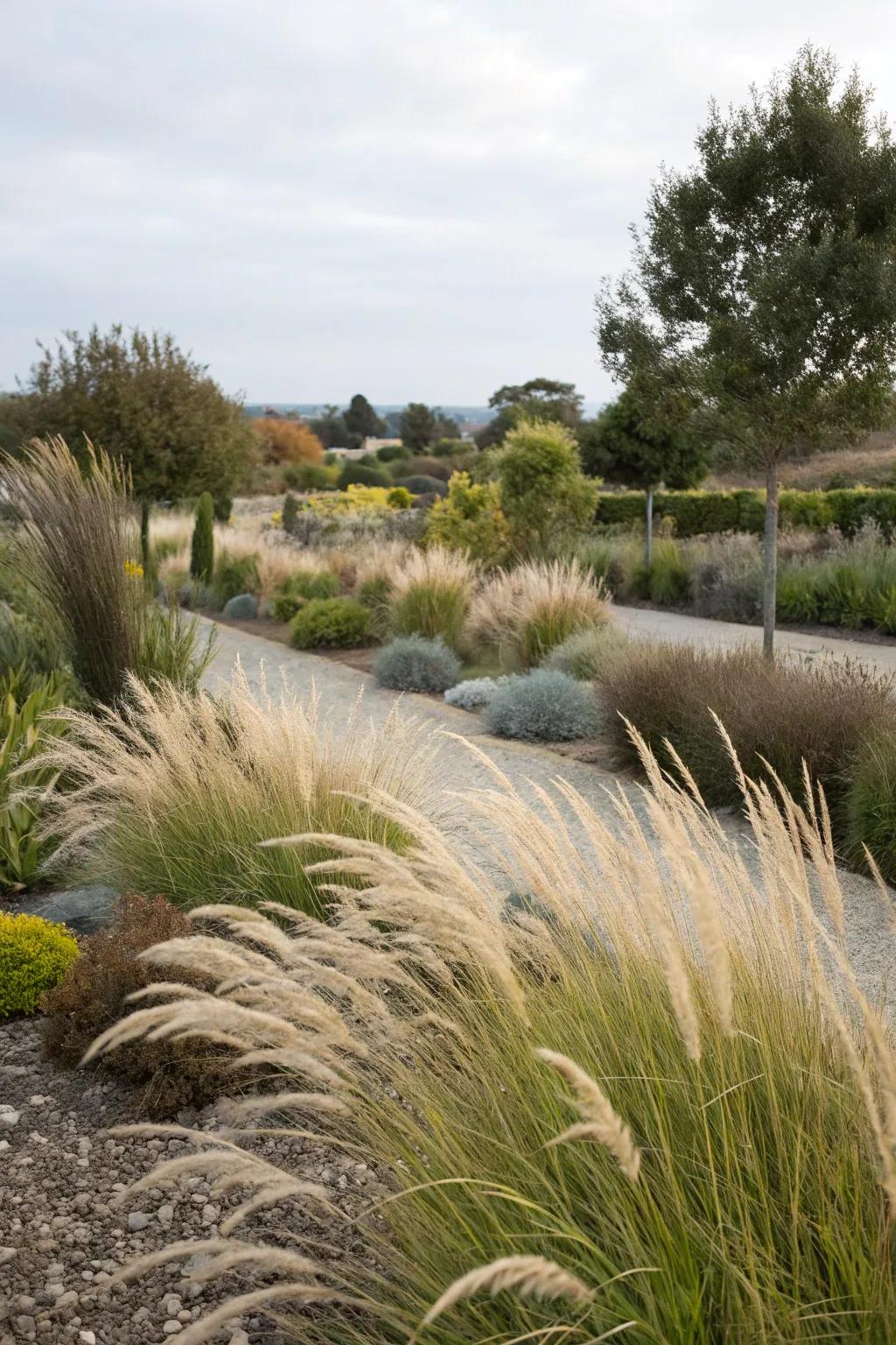 A zone 9a landscape featuring low-maintenance ornamental grasses.