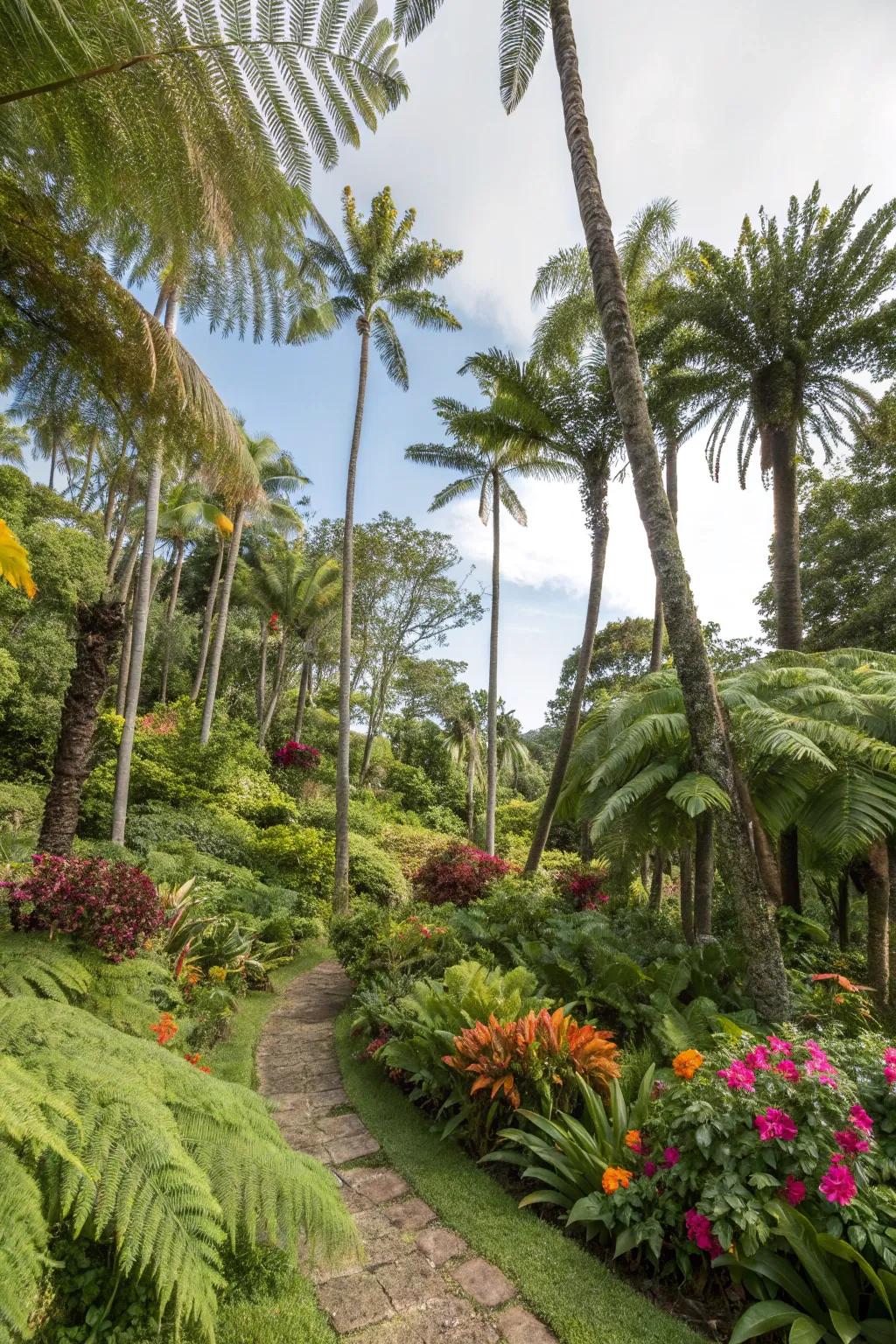 A tropical garden oasis with palms and ferns.