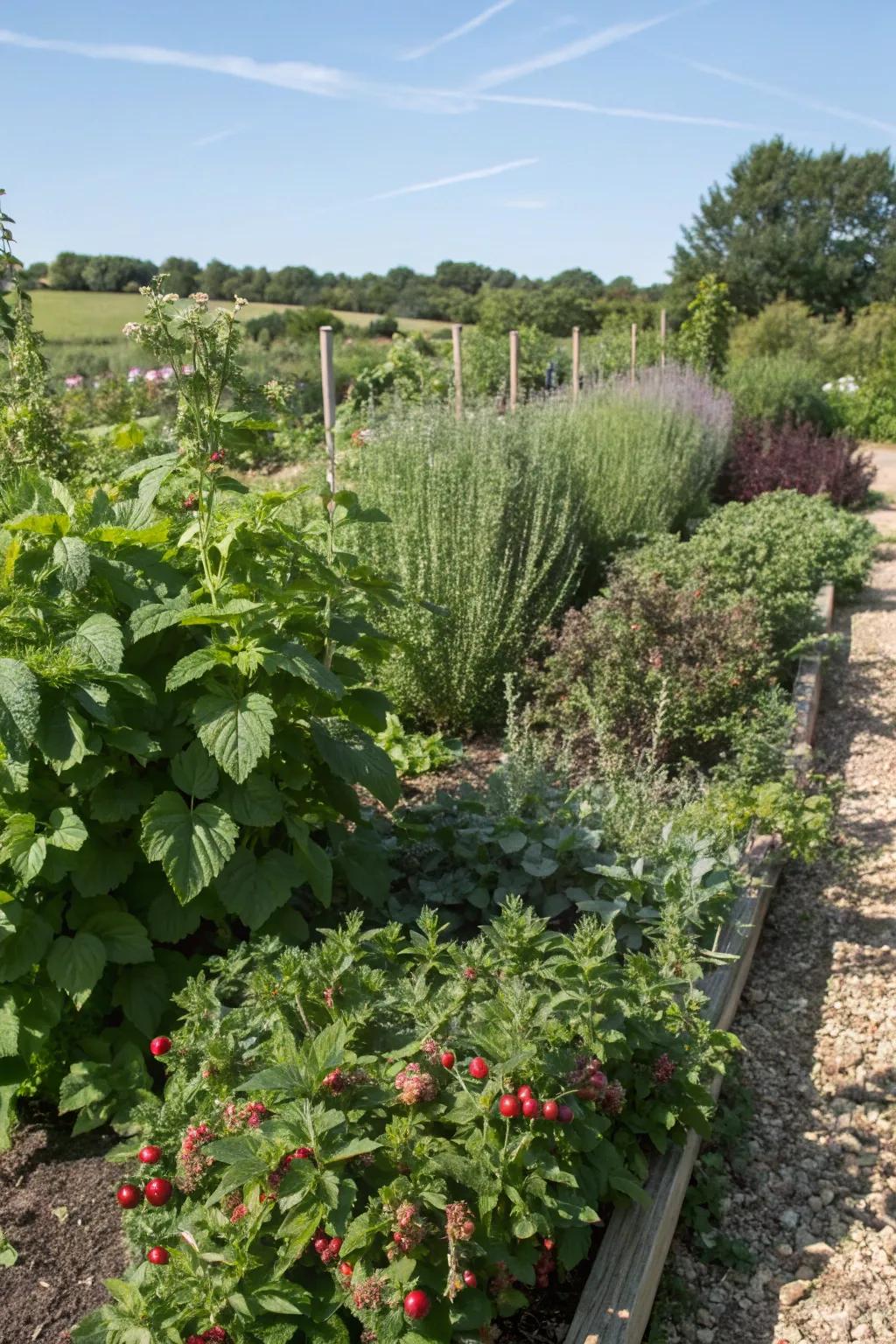 An edible garden featuring herbs and berry bushes.