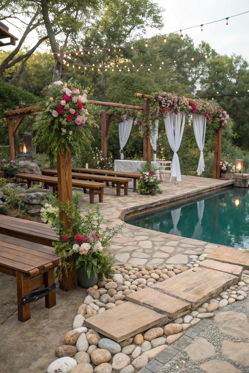Enhance your pool party with the rustic beauty of natural elements.