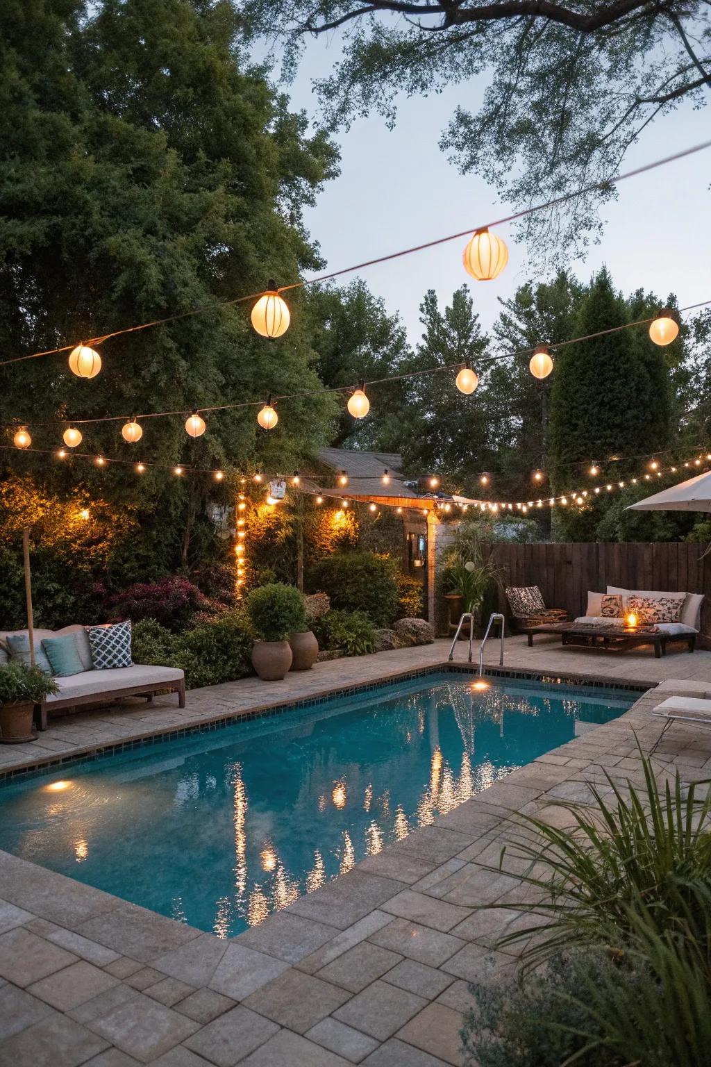 Set the mood with a sunset glow using string lights and lanterns.