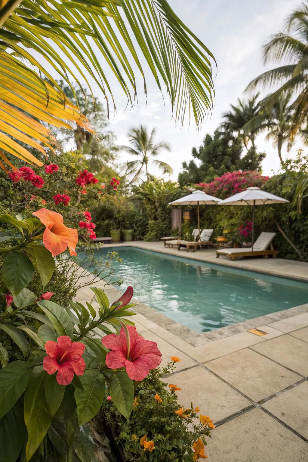 Turn your pool area into a tropical paradise with lush greenery and vibrant flowers.
