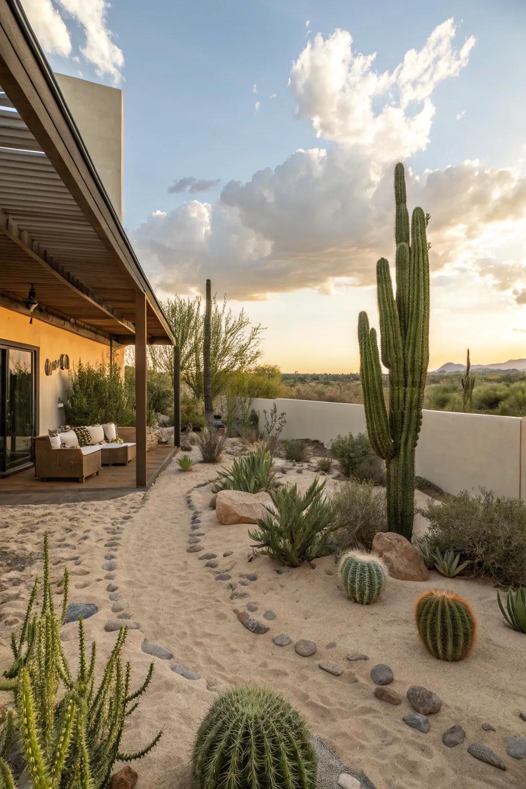 A desert-themed patio combines beauty with easy upkeep.