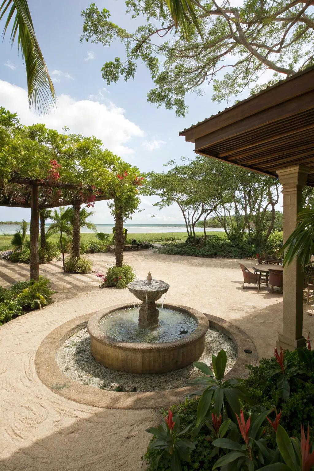 A water feature adds tranquility to a sand patio.