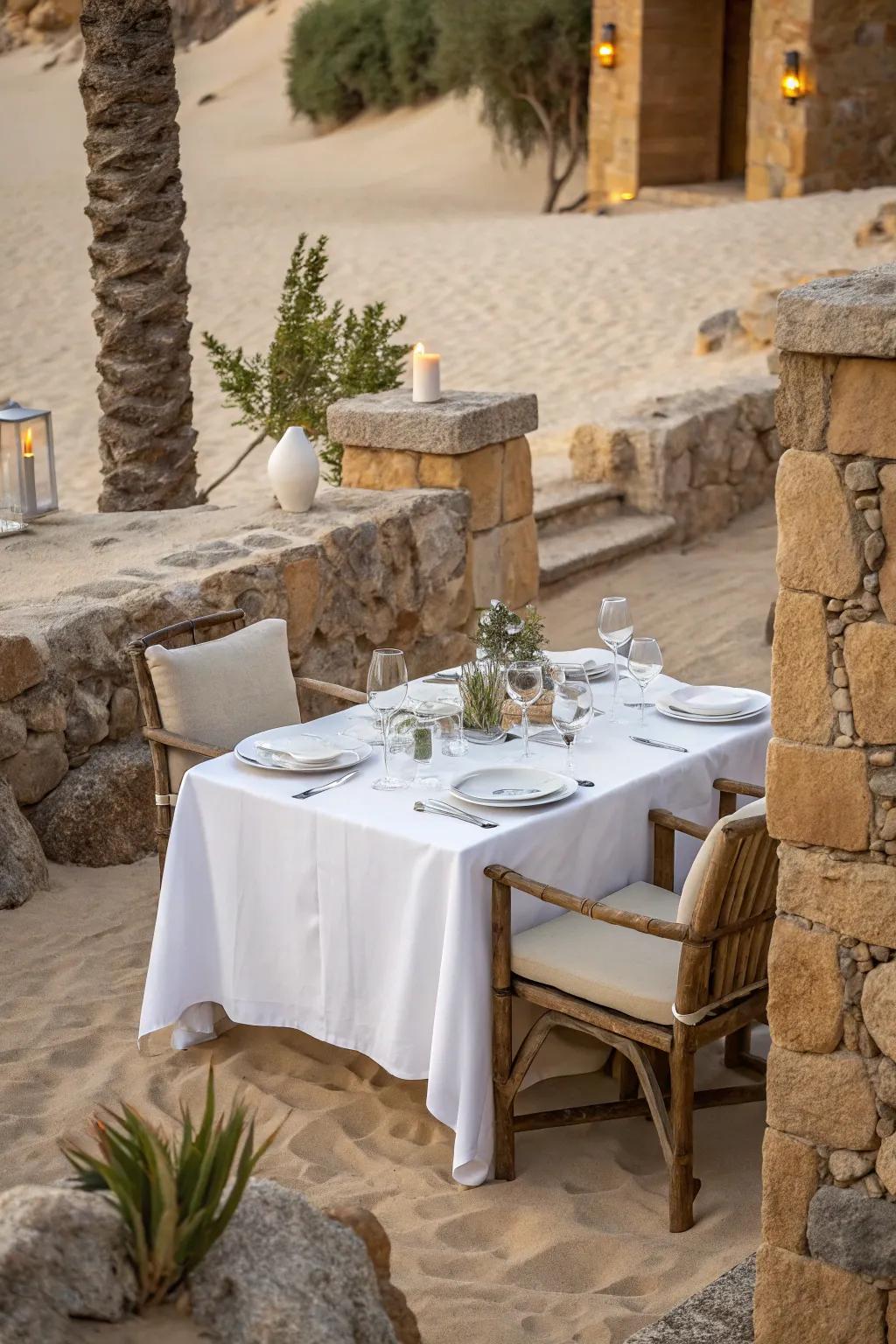 A sand and stone dining area sets the stage for outdoor meals.