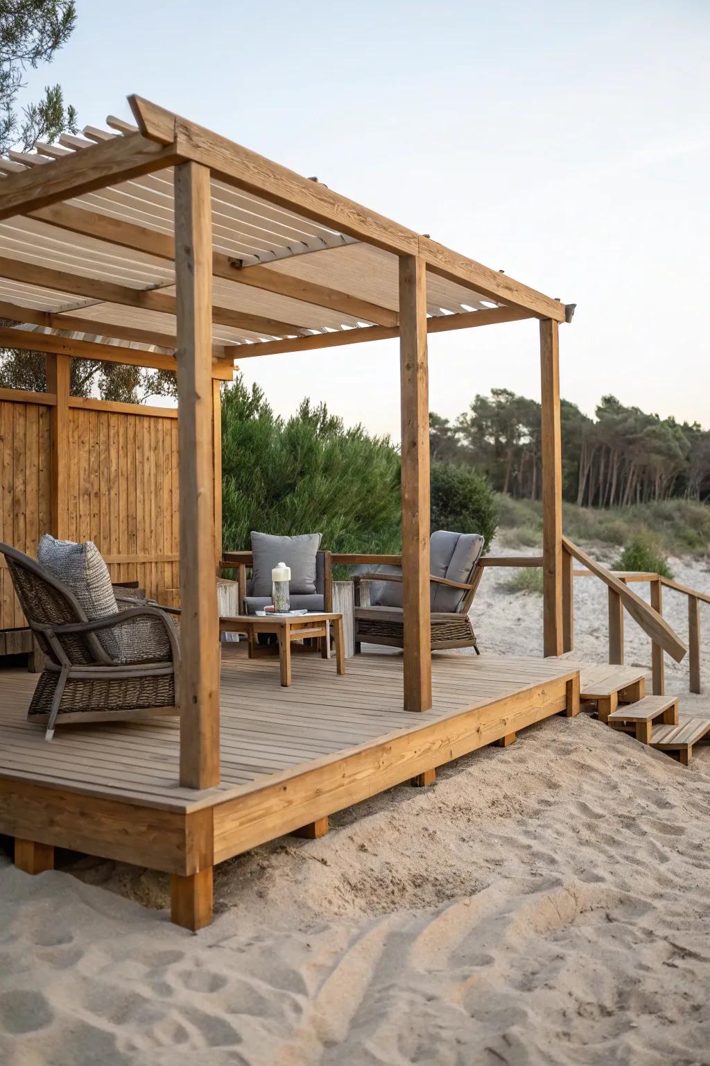 An elevated sand deck offers a cozy, elevated view.