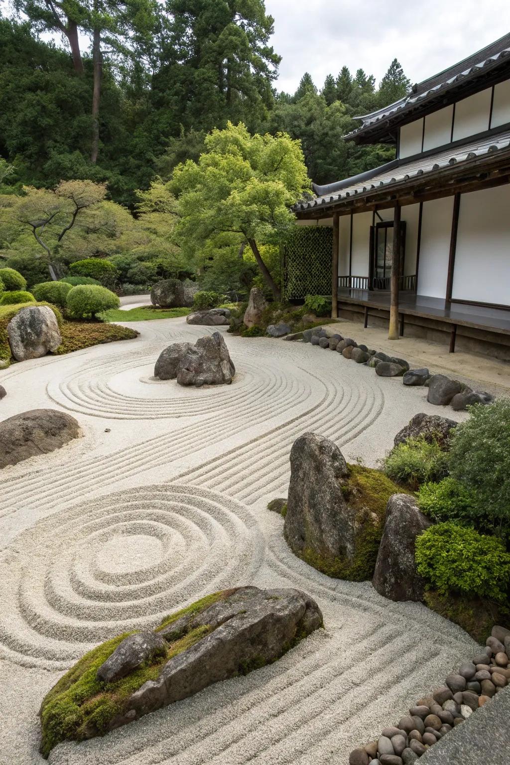 A Zen sand garden offers a calming space for meditation.