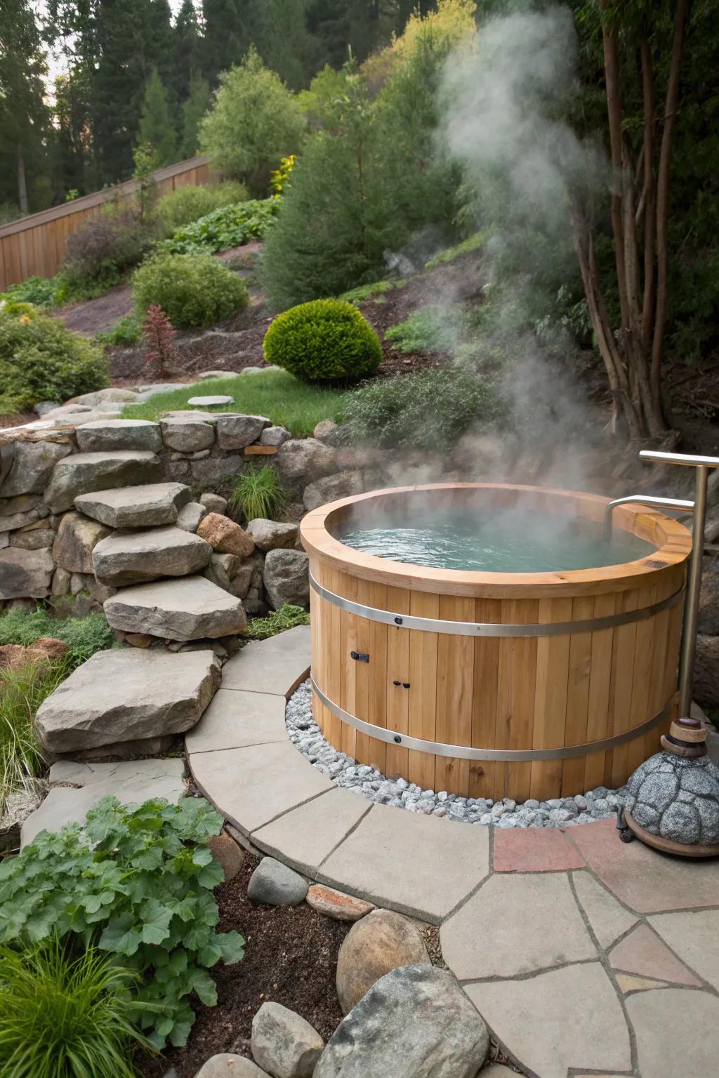 A classic cedar wood hot tub offers a touch of rustic elegance.