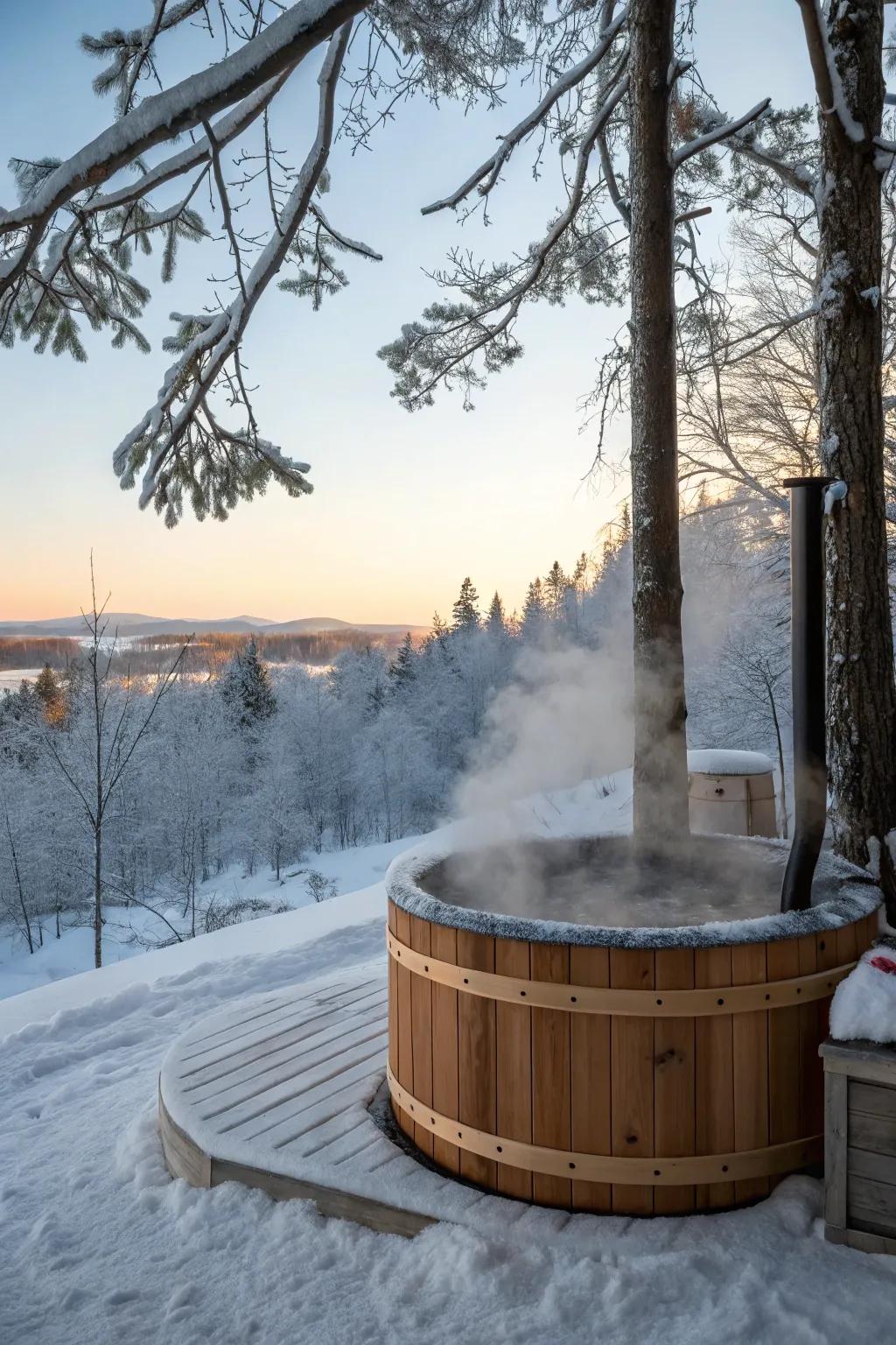 A winter hot tub setup offers a warm escape amidst the snow.