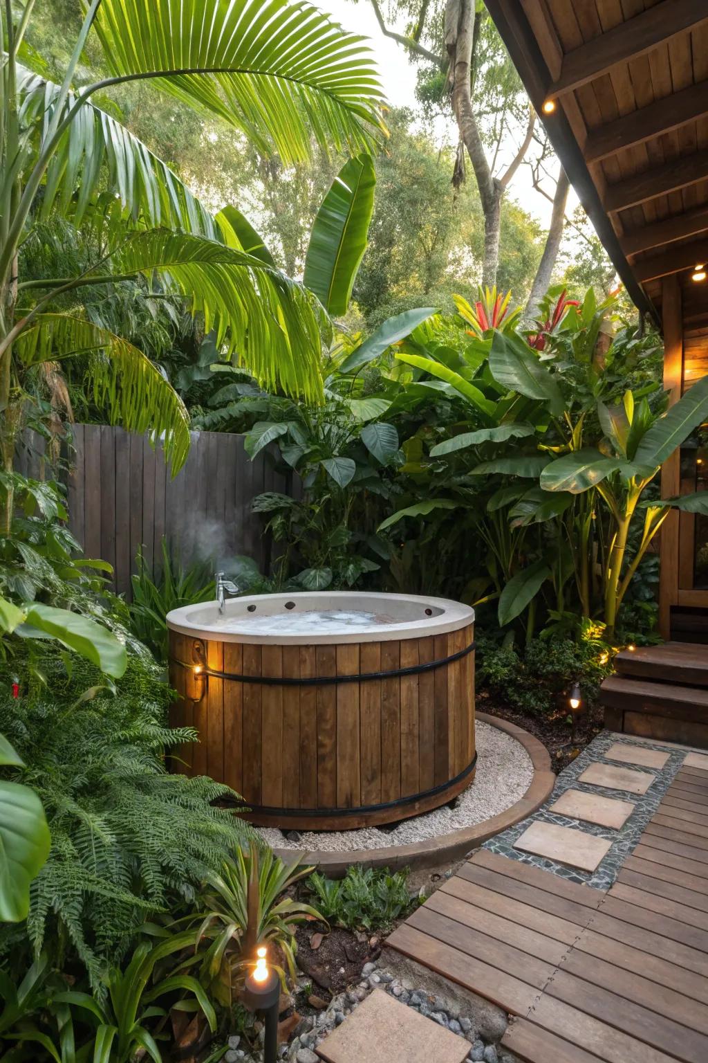 Create a tropical paradise around your hot tub with lush greenery.