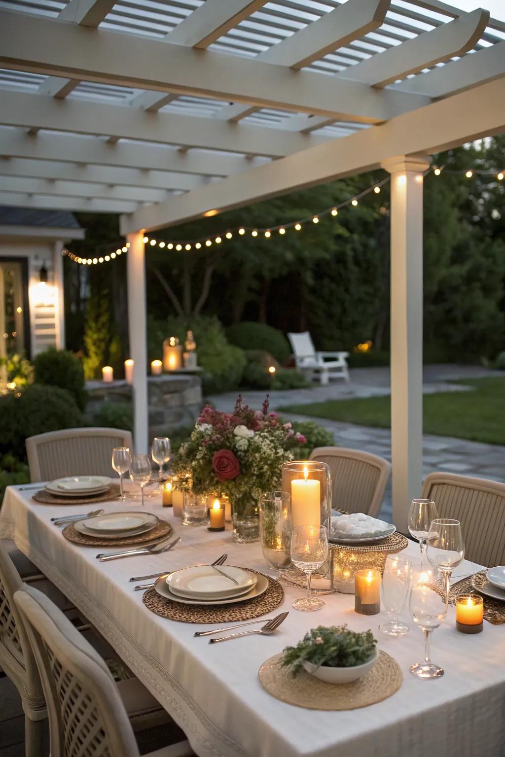Enjoy outdoor dining under a charming vinyl pergola.