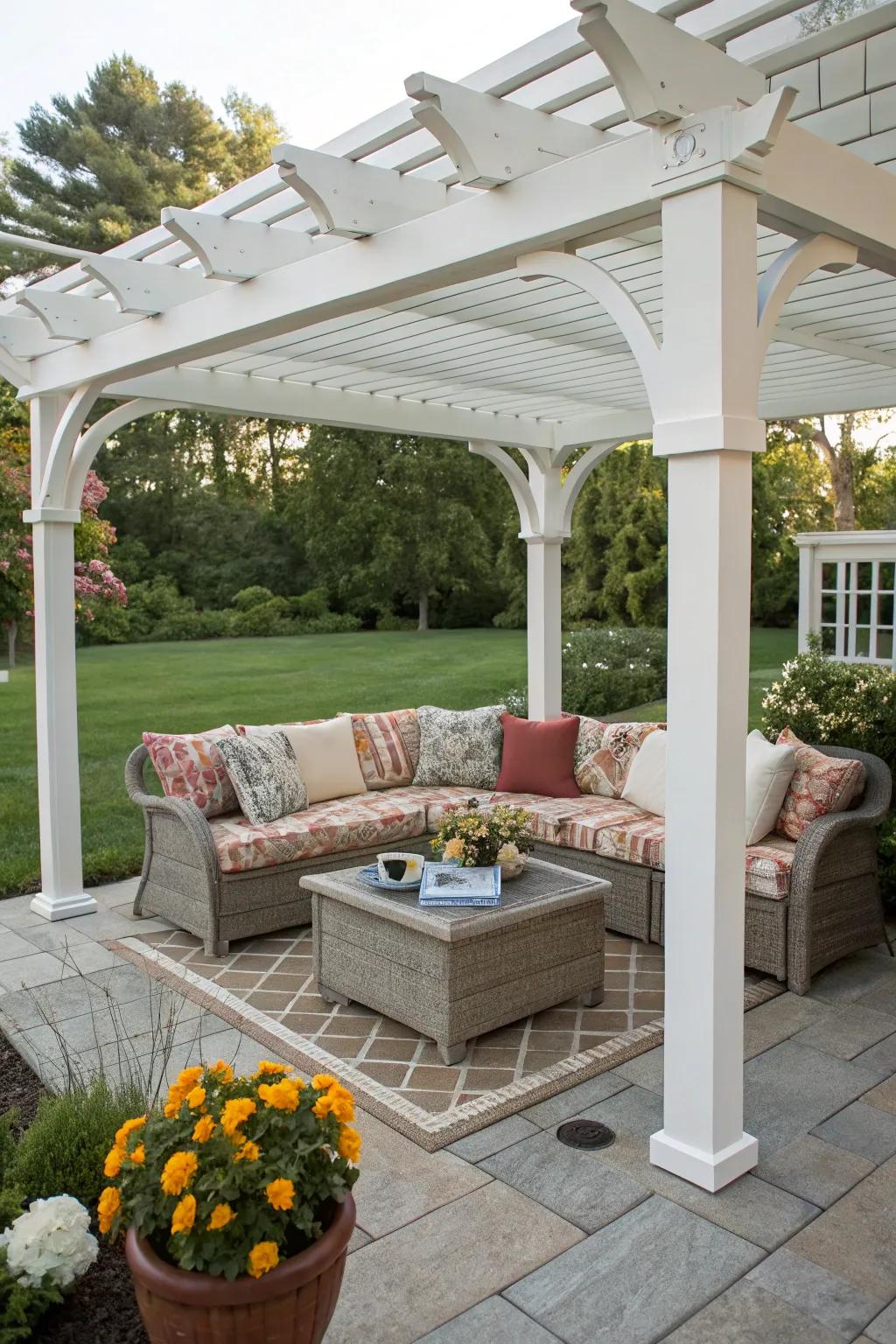 Create a relaxing outdoor seating area with a vinyl pergola.