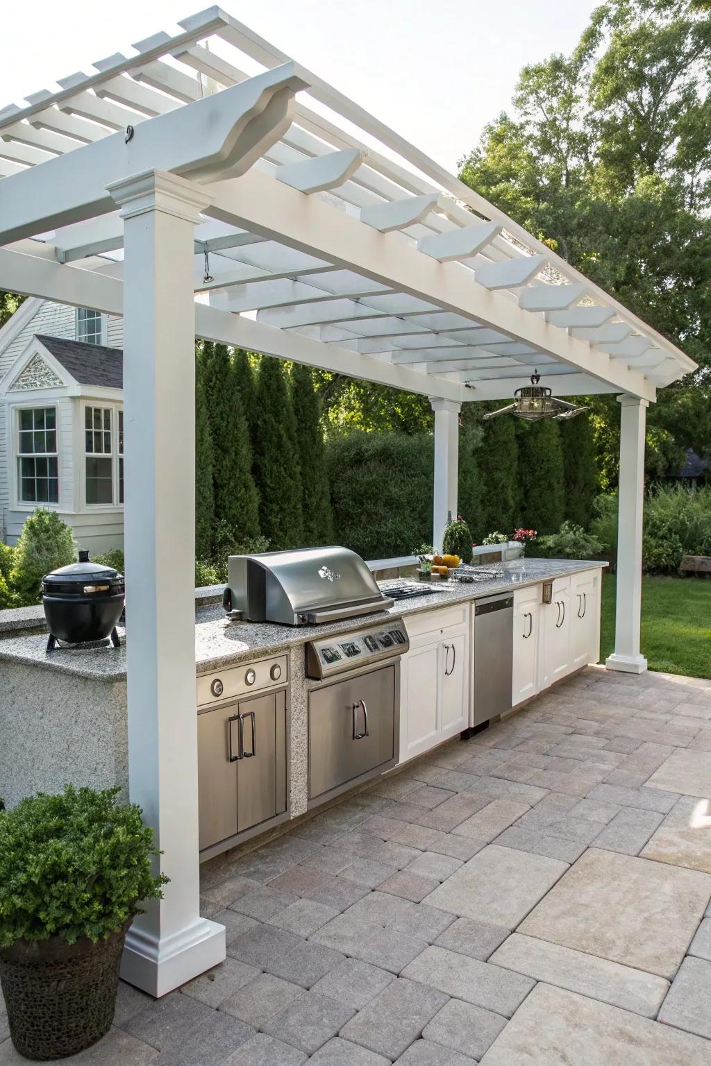 Shade your outdoor kitchen with a stylish vinyl pergola.