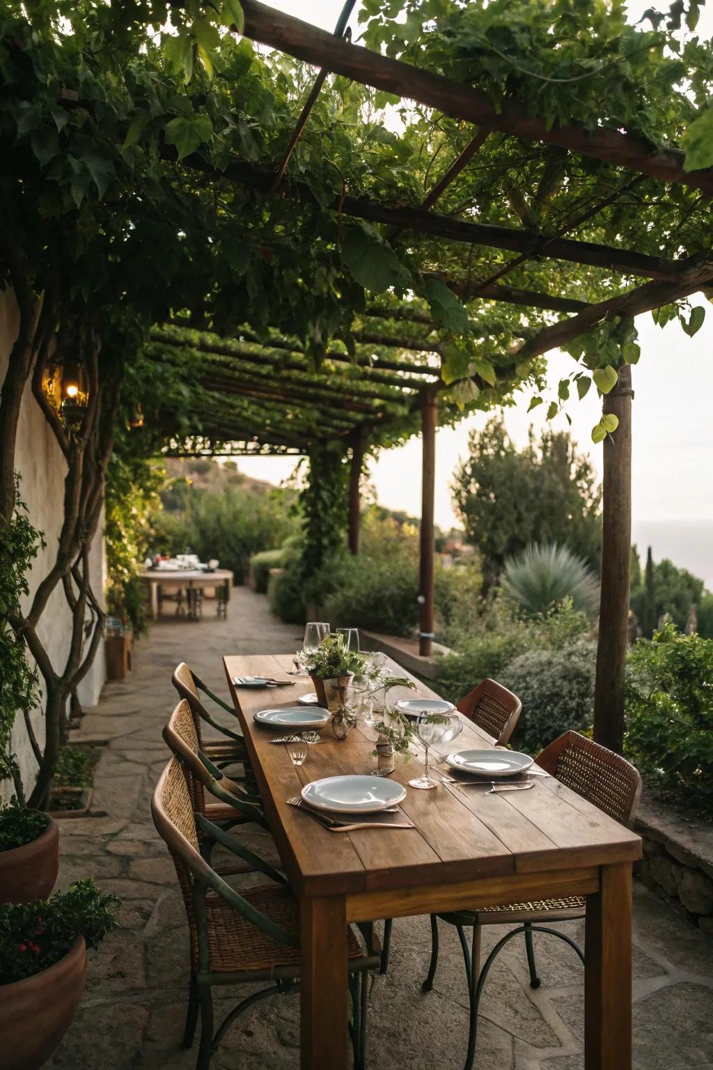 Dine under the stars with a cozy outdoor dining area.