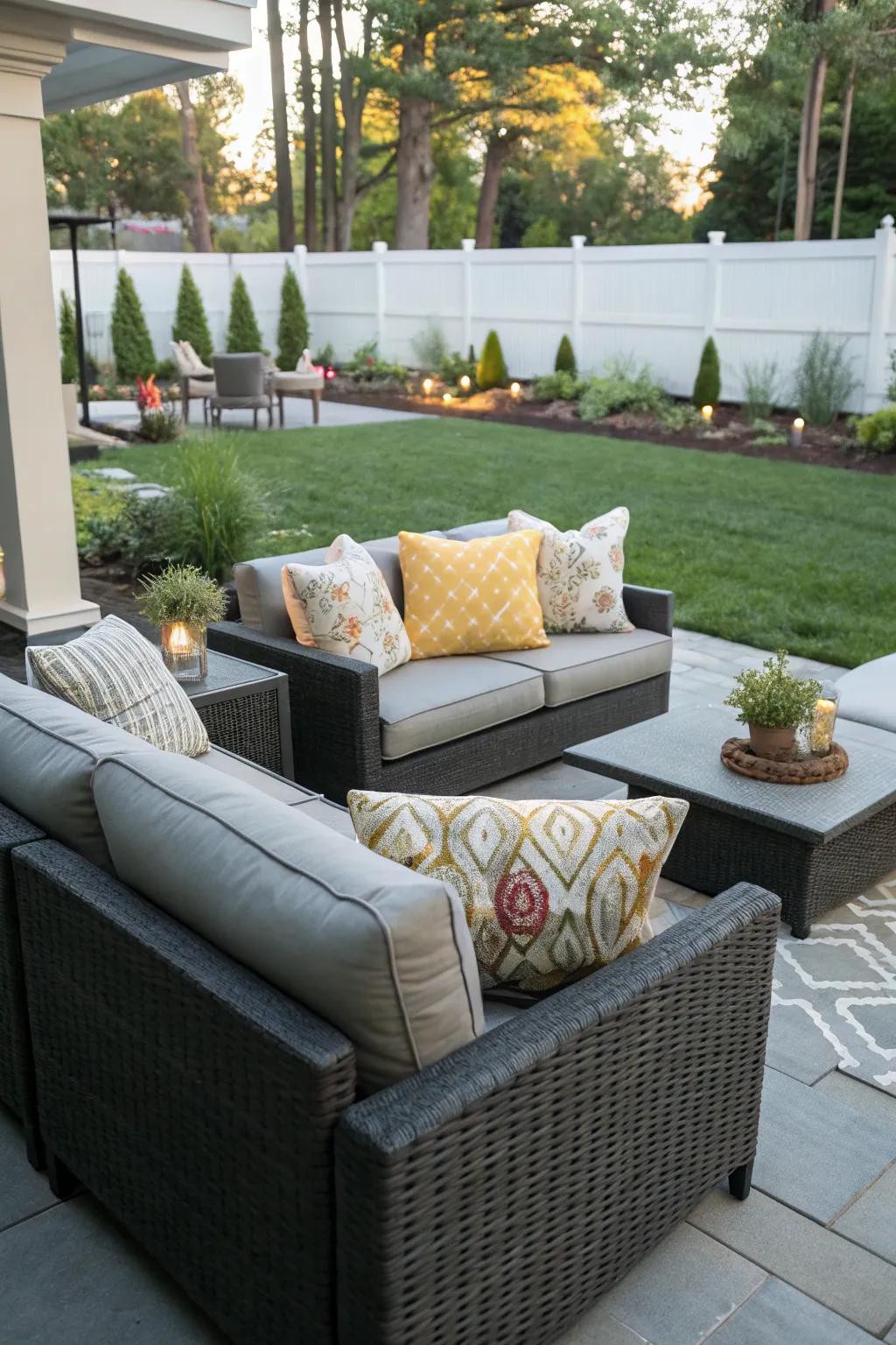 Lounge in style with a chic outdoor seating area.
