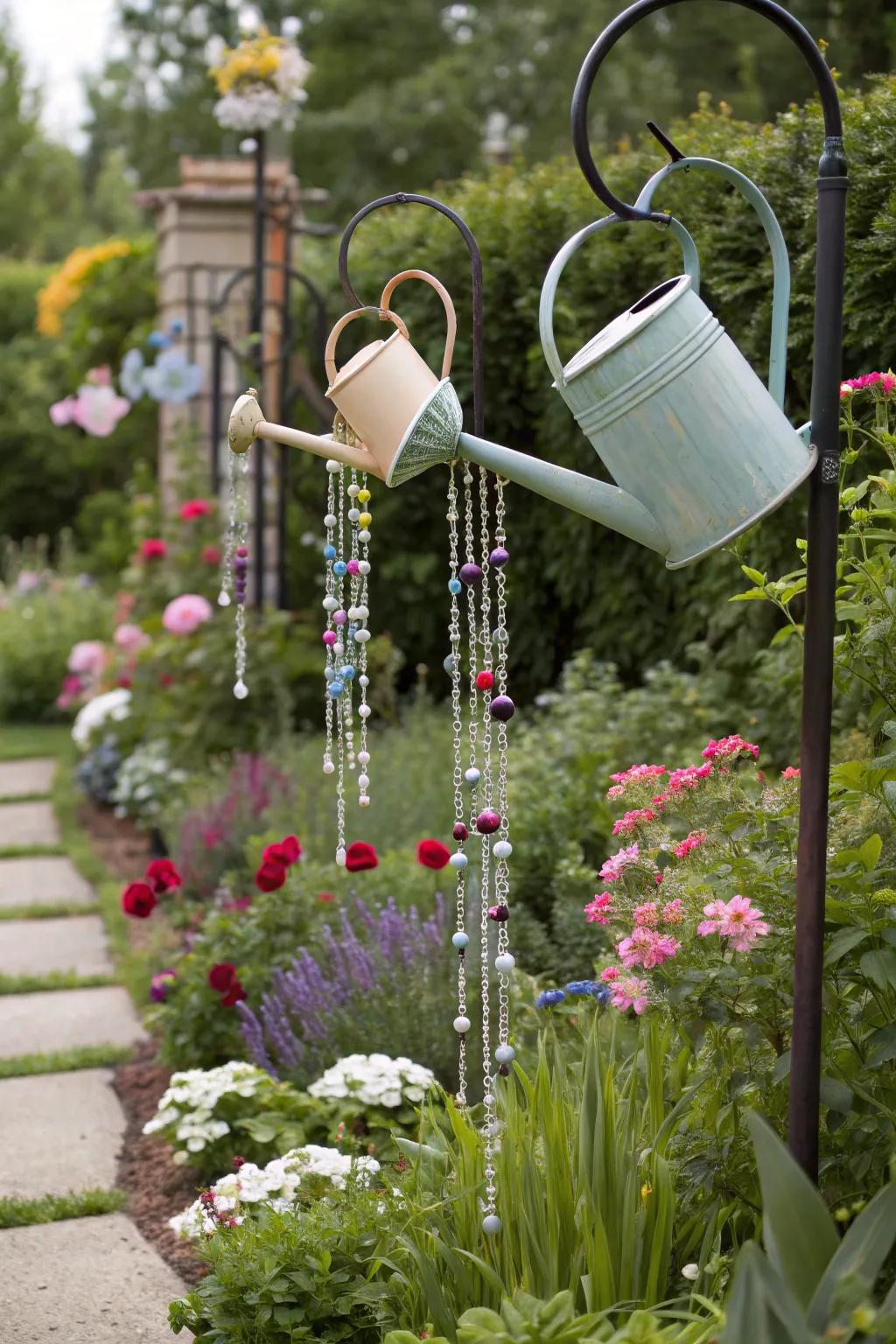 Whimsical watering cans create a playful garden scene.