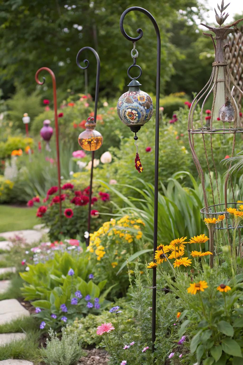 Garden art pieces bring personality and color to the garden.