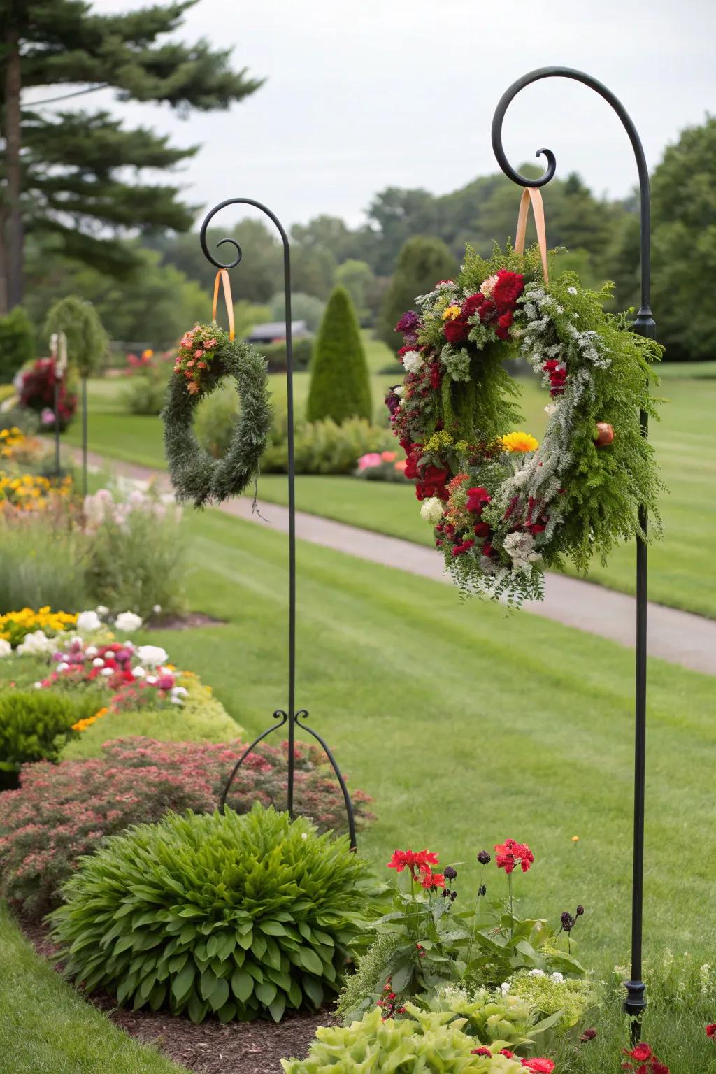 Seasonal decorations on shepherd hooks keep the garden festive.