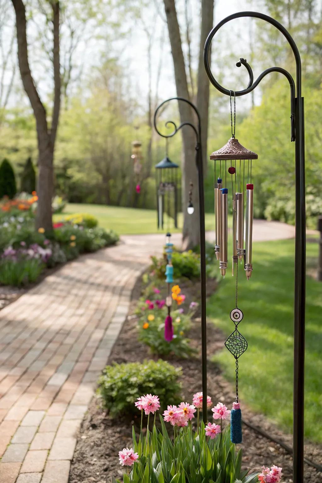 Wind chimes on shepherd hooks add a soothing soundscape.