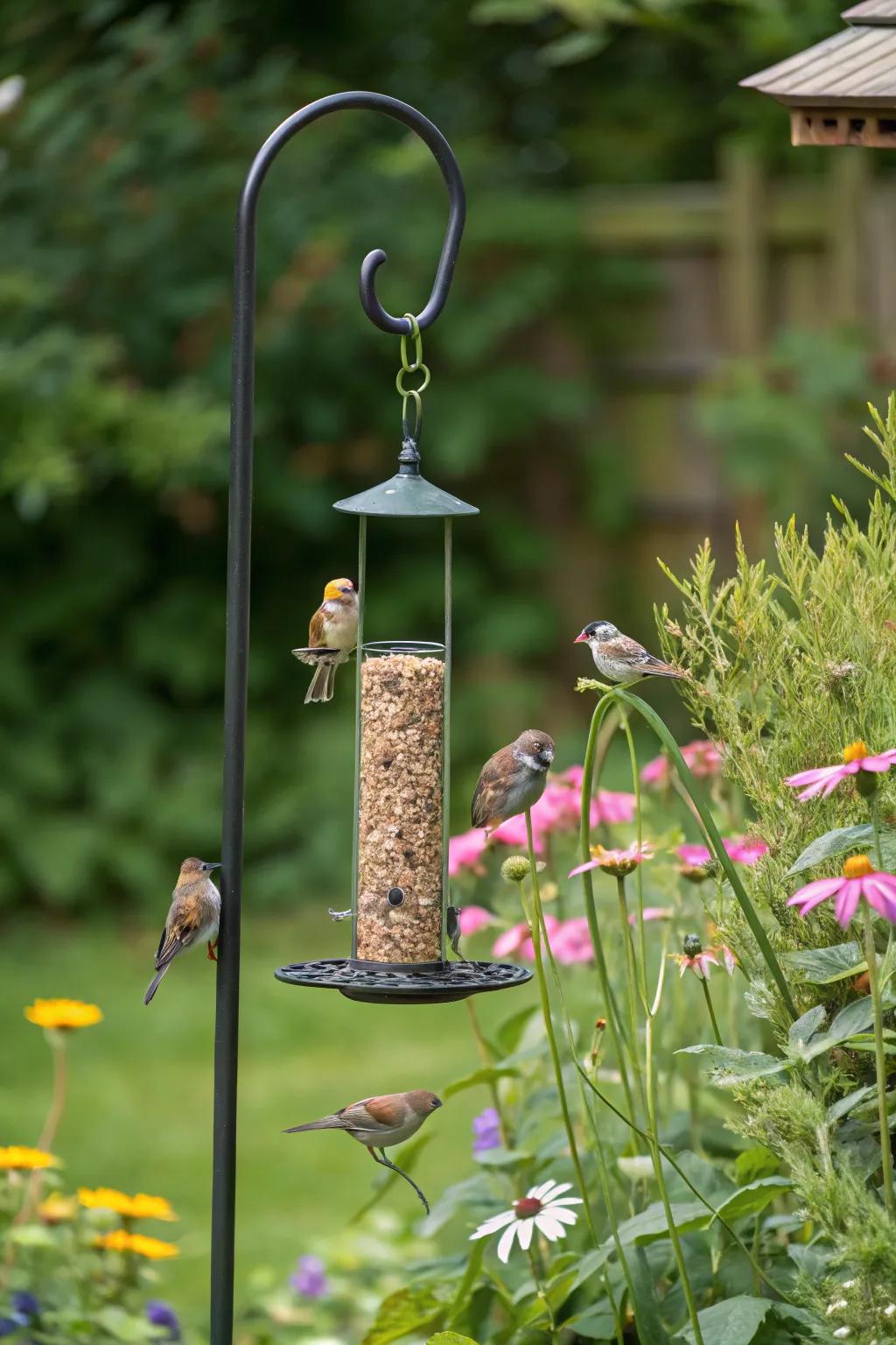 Bird feeders on shepherd hooks attract lively garden visitors.