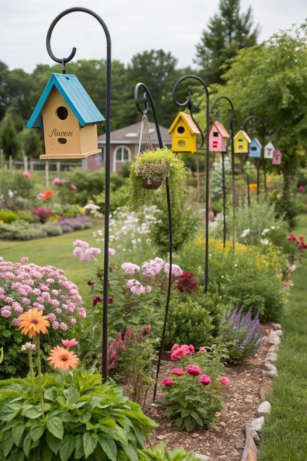 Birdhouses on shepherd hooks welcome feathered friends.