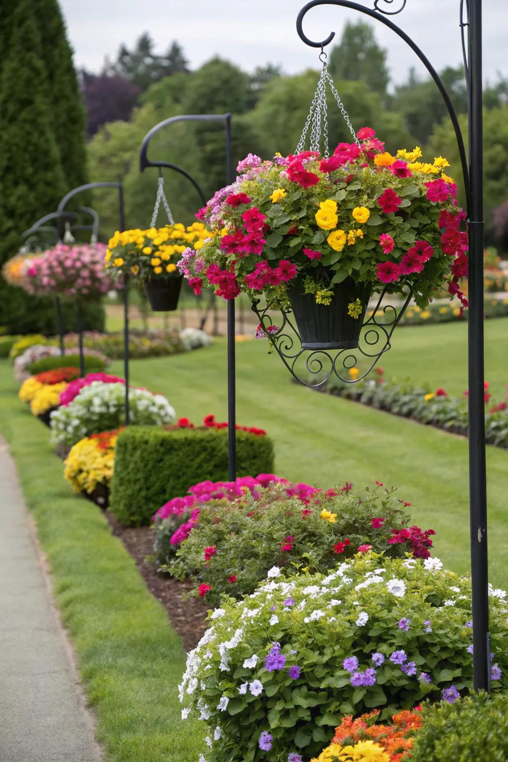 Hanging baskets on shepherd hooks add color and variety.