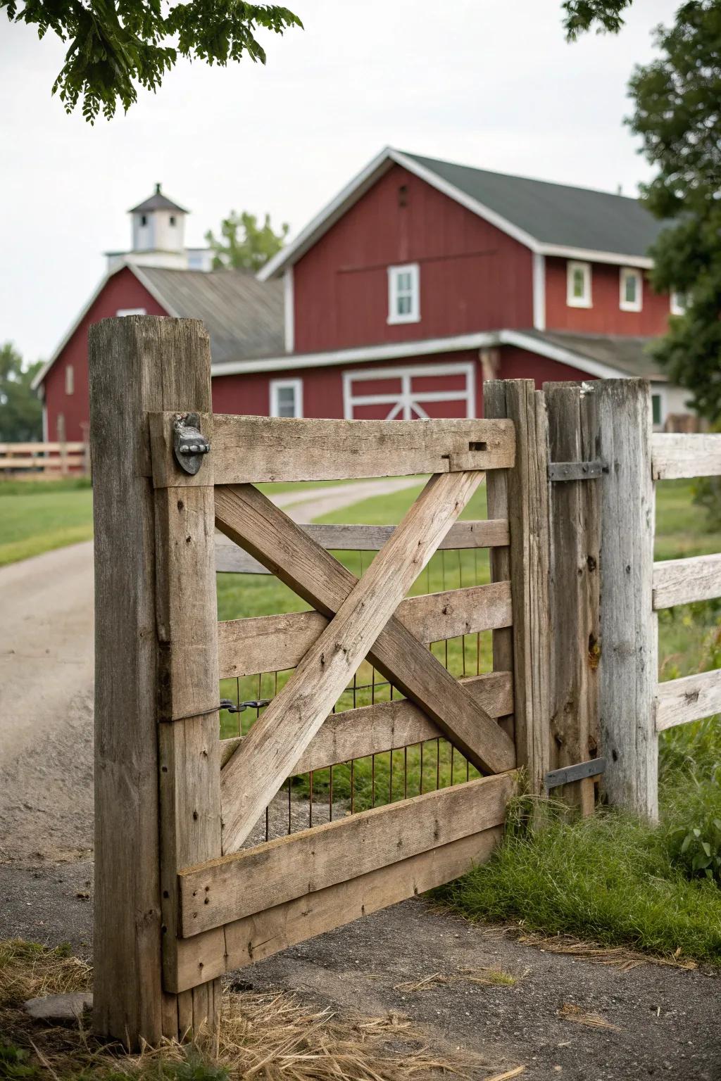 A rustic timber gate exuding natural charm in a classic farm setting.