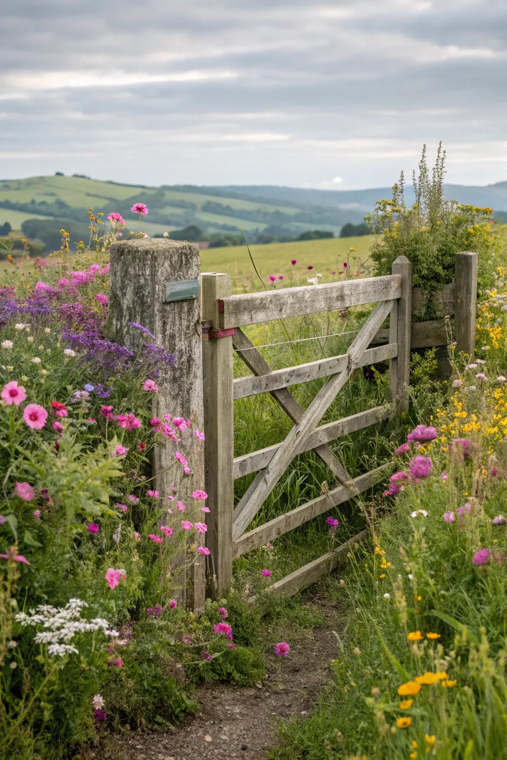 A crisscross patterned gate creating a charming focal point amid colorful wildflowers.