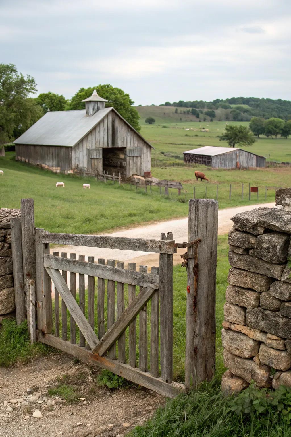 A reclaimed materials gate offering a sustainable and character-rich entryway.