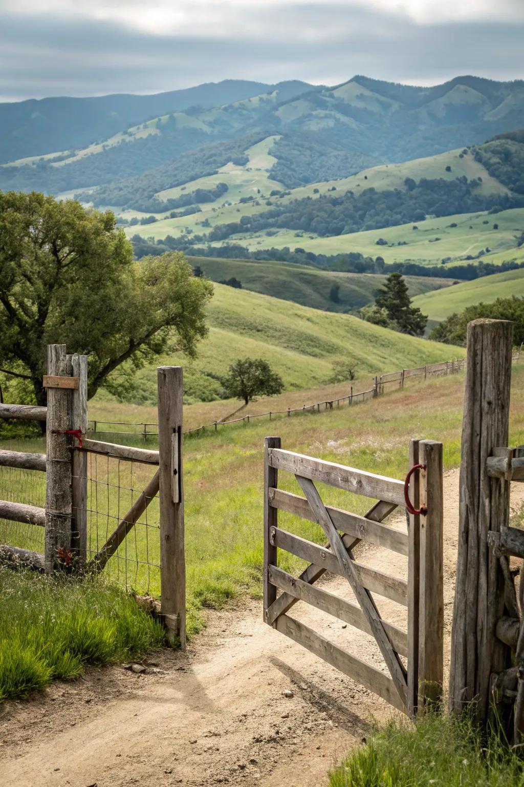 A split rail fence gate offering a timeless and rustic entrance to a wide-open countryside.