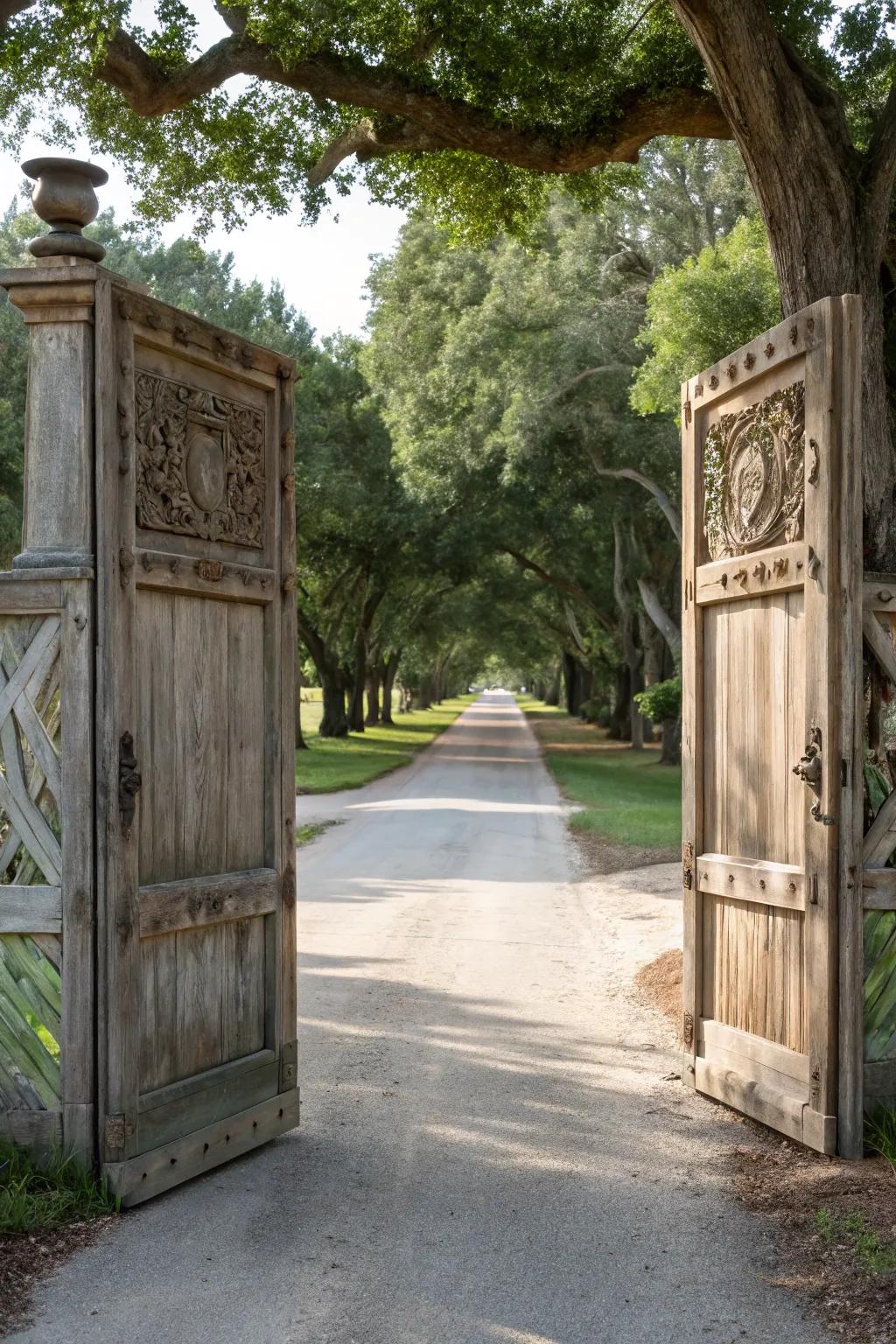 Double swing gates welcoming visitors to a stately tree-lined driveway.