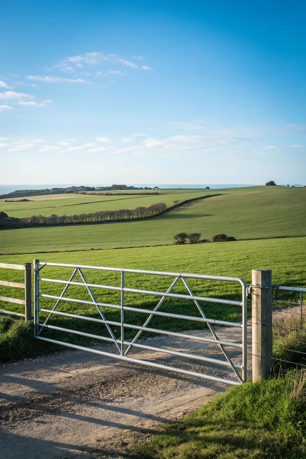 A modern metal gate offering a stylish entrance to a vast open field.