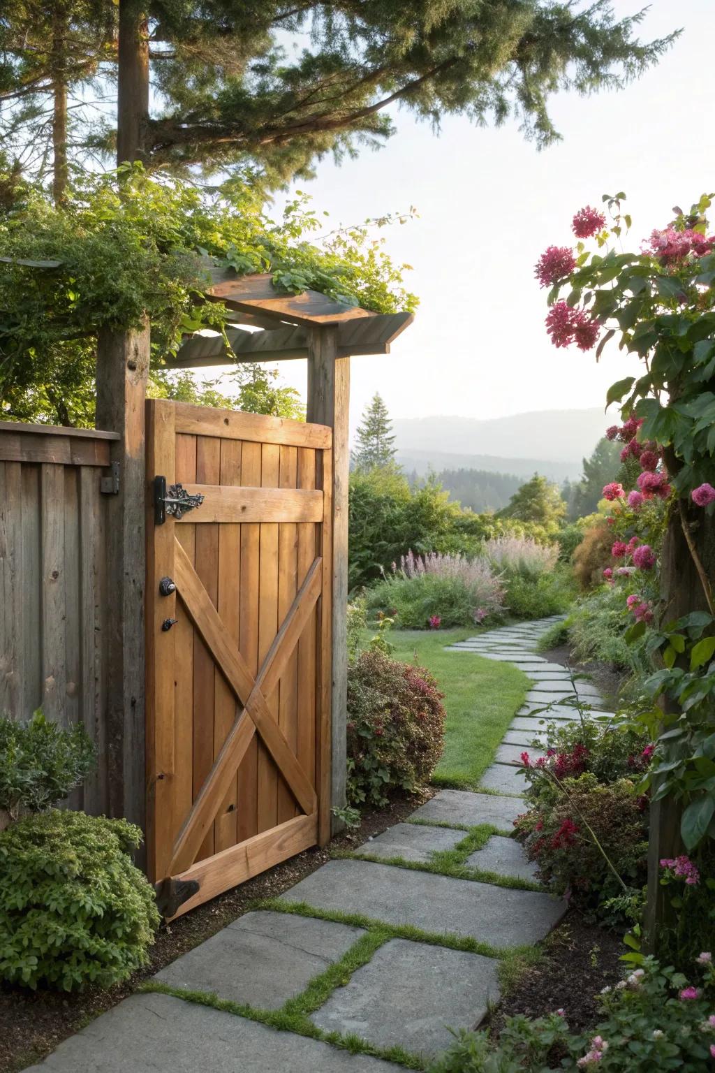 A cedar plank gate offering durability and natural beauty in a serene garden setting.