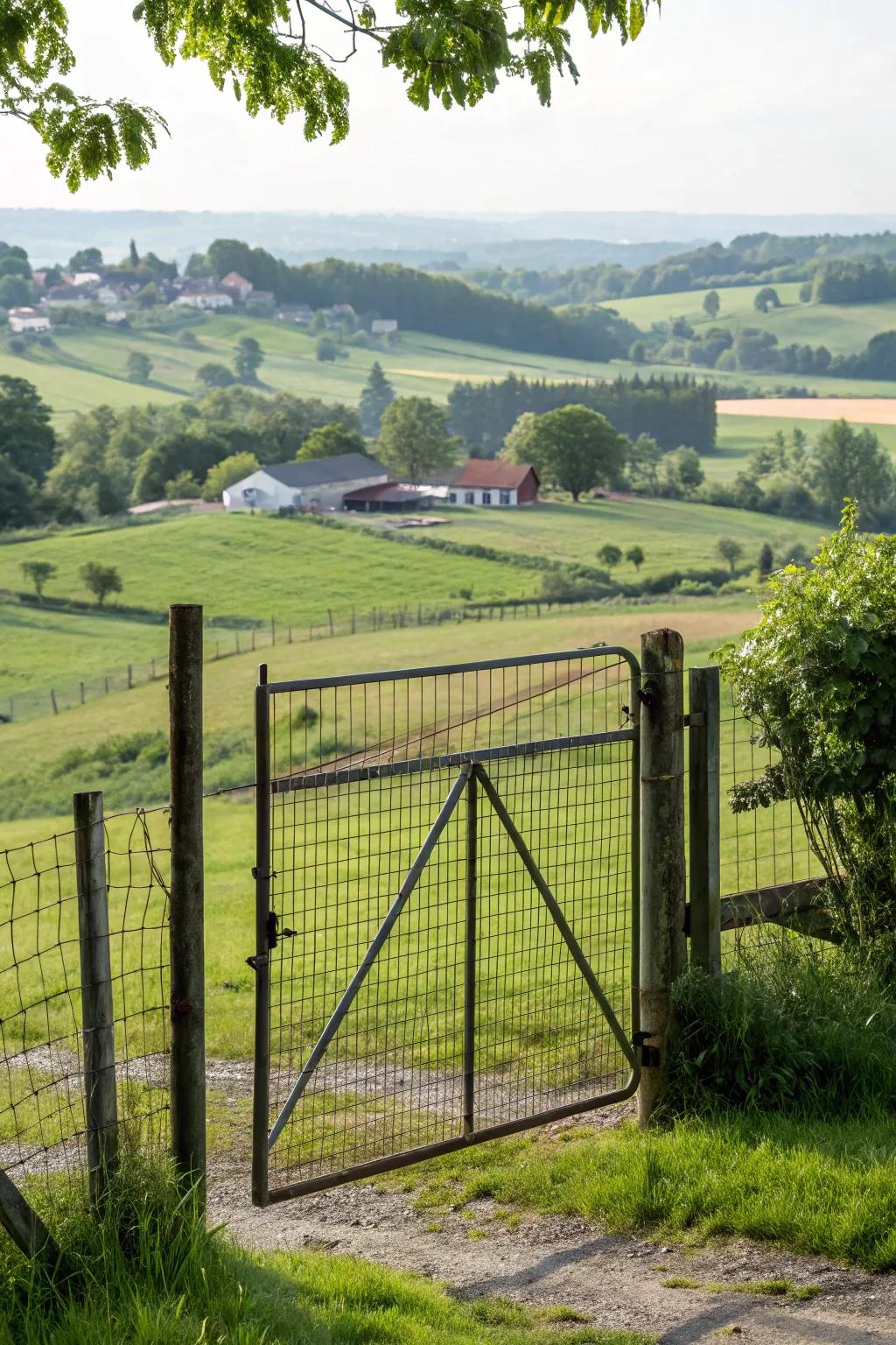 A wire mesh gate offering security and openness in a sprawling farm setting.