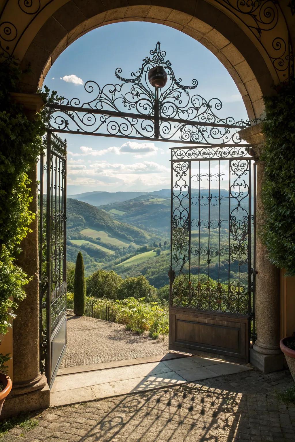 An artistic gate showcasing intricate craftsmanship, creating a breathtaking entrance.