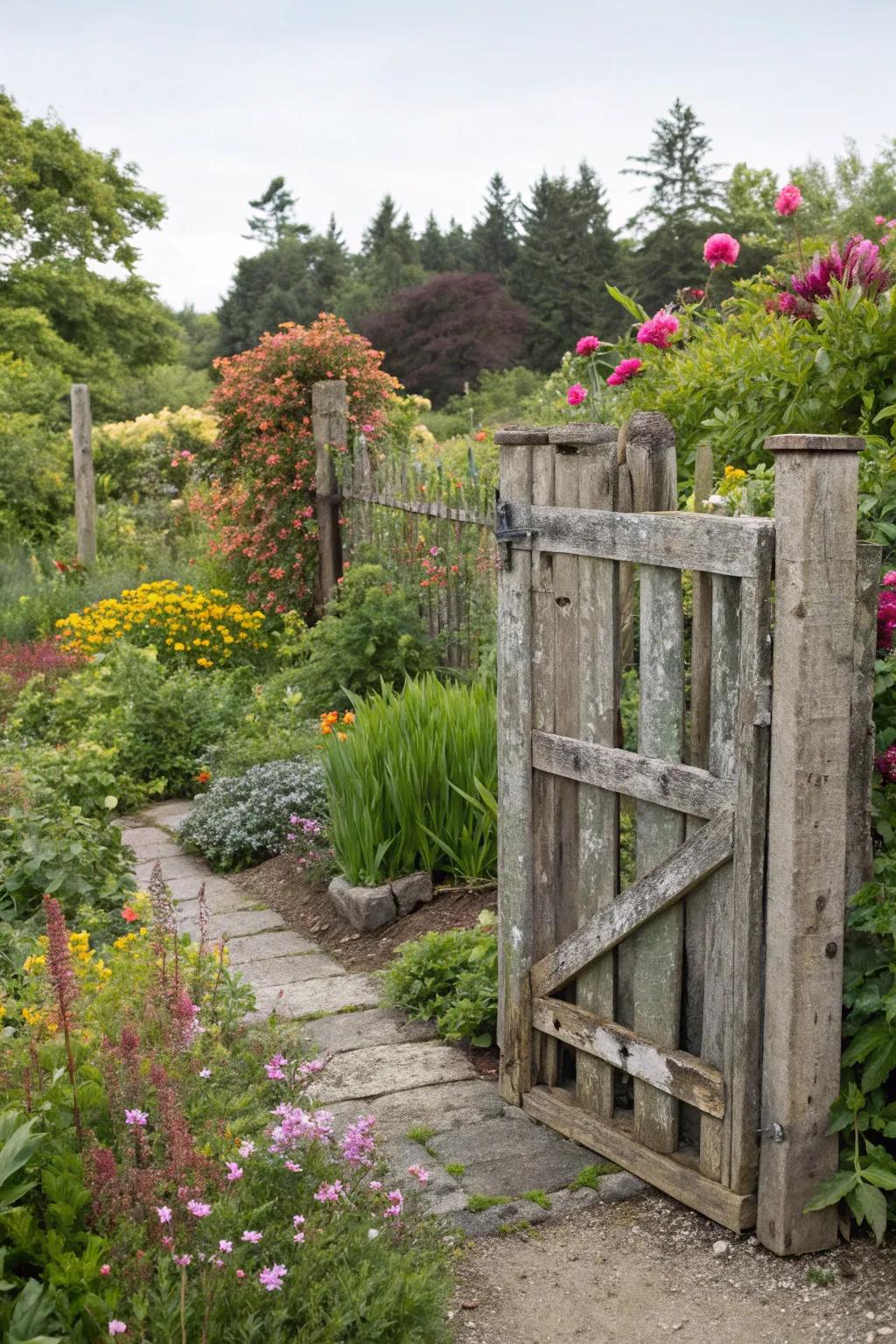 A recycled pallet gate offering a sustainable and rustic entrance to a lively garden.