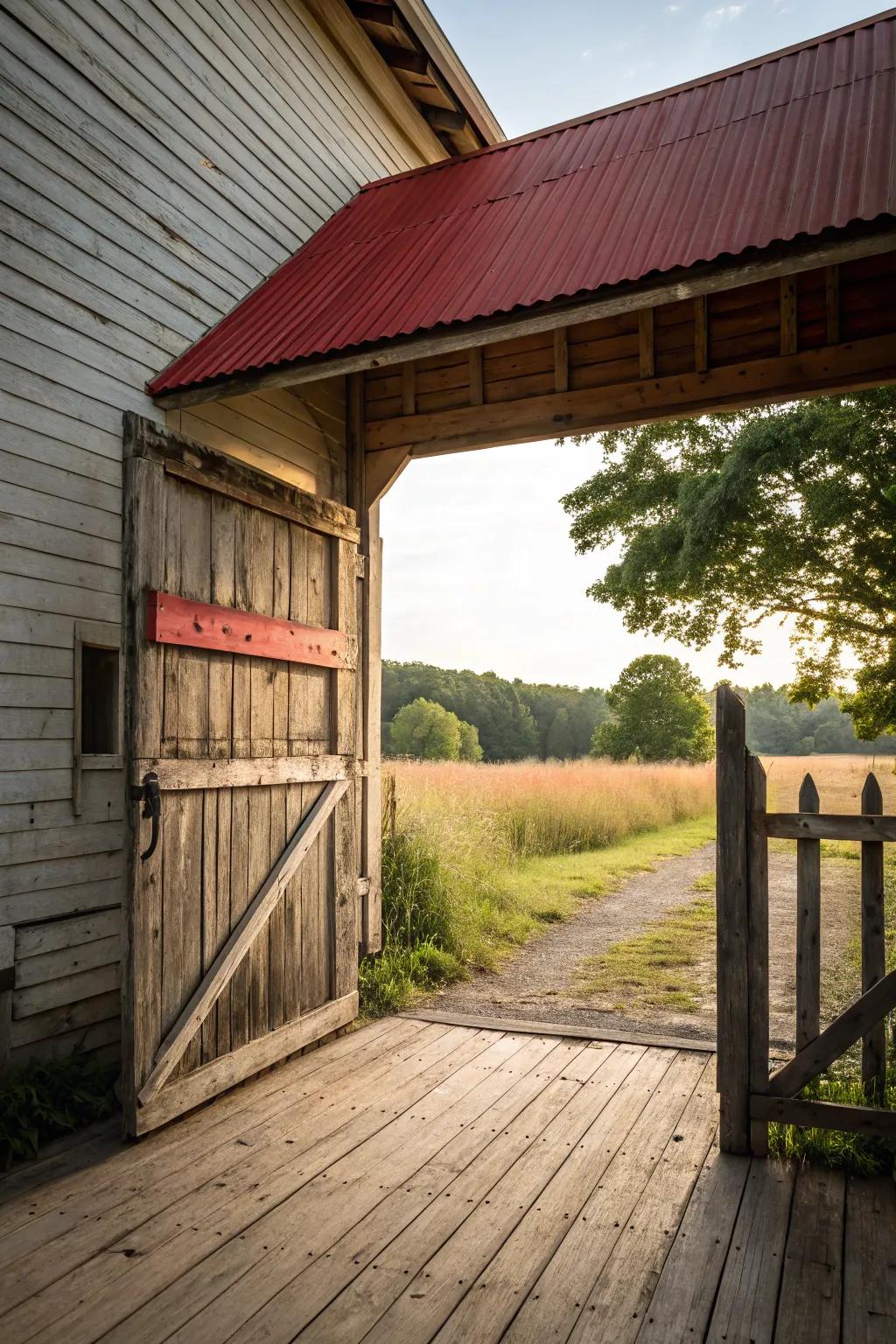 A barn door inspired gate adding rustic charm to a countryside entrance.