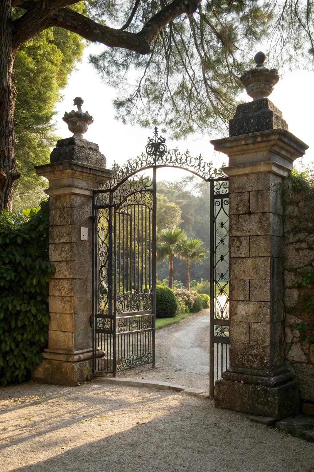 A gate with natural stone pillars, forming a magnificent and sturdy entrance.