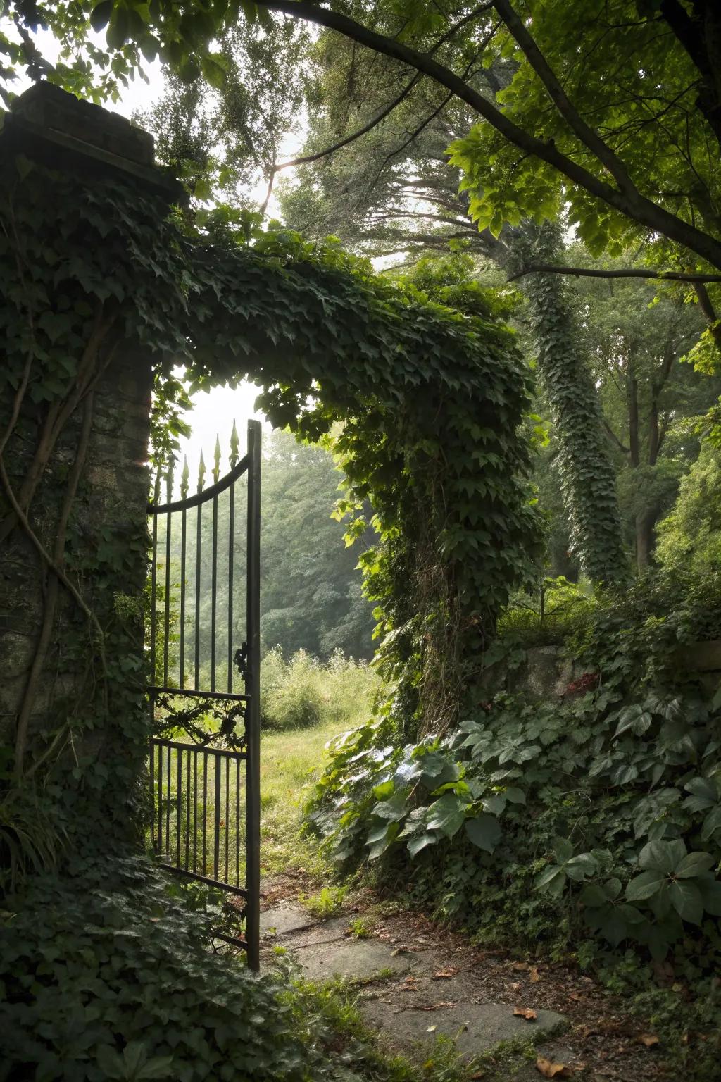 A hidden gate blending seamlessly with its lush surroundings, inviting exploration.