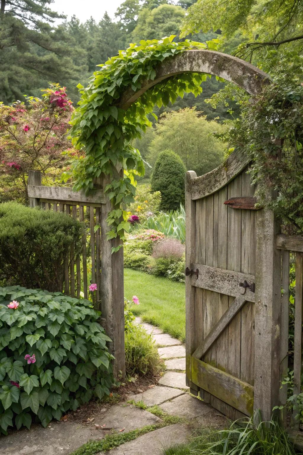 A curved top gate providing a unique and graceful entry amidst vibrant foliage.