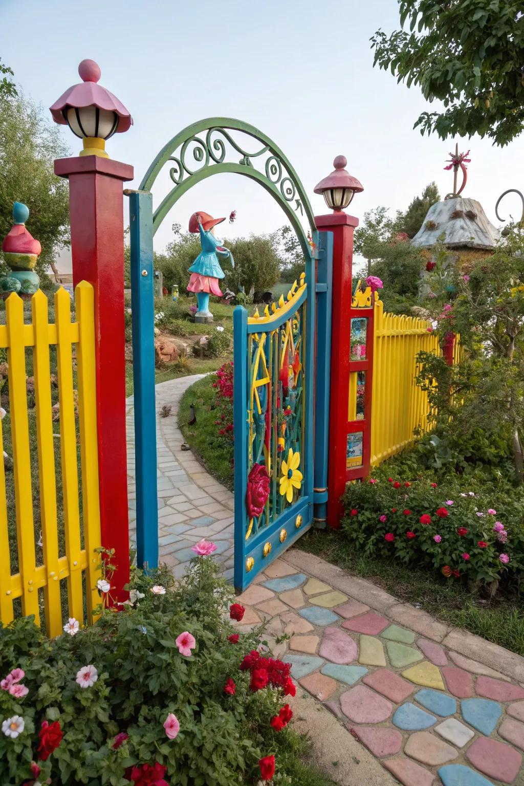 A color pop gate injecting personality and vibrancy into a delightful garden setting.