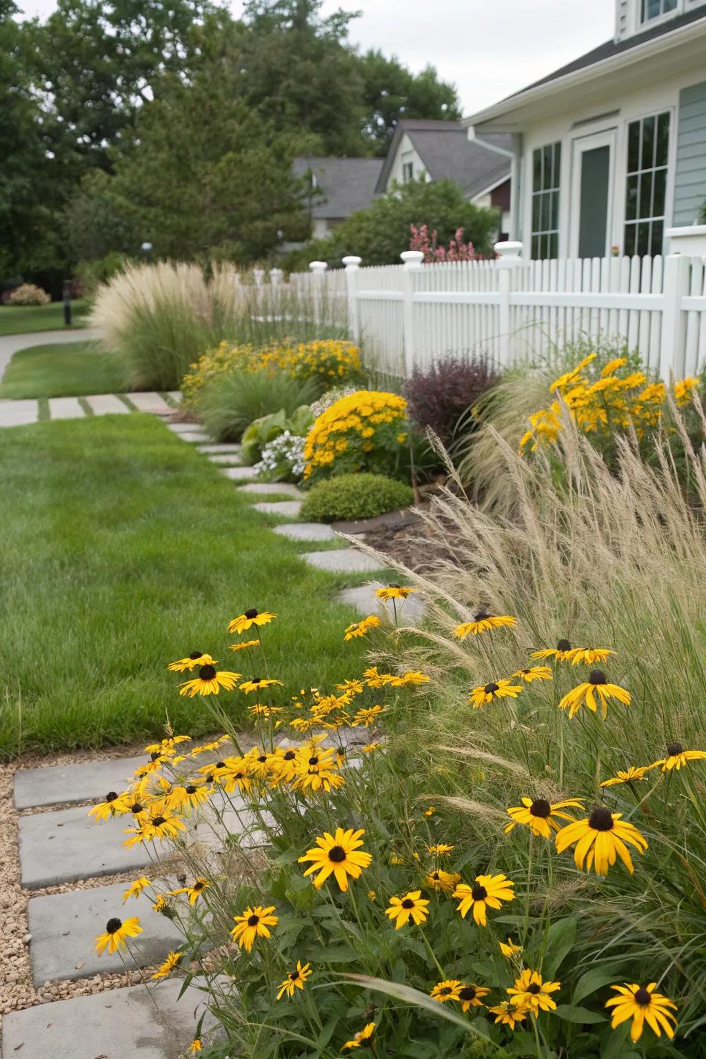 Dynamic textures with Black Eyed Susans and ornamental grasses.