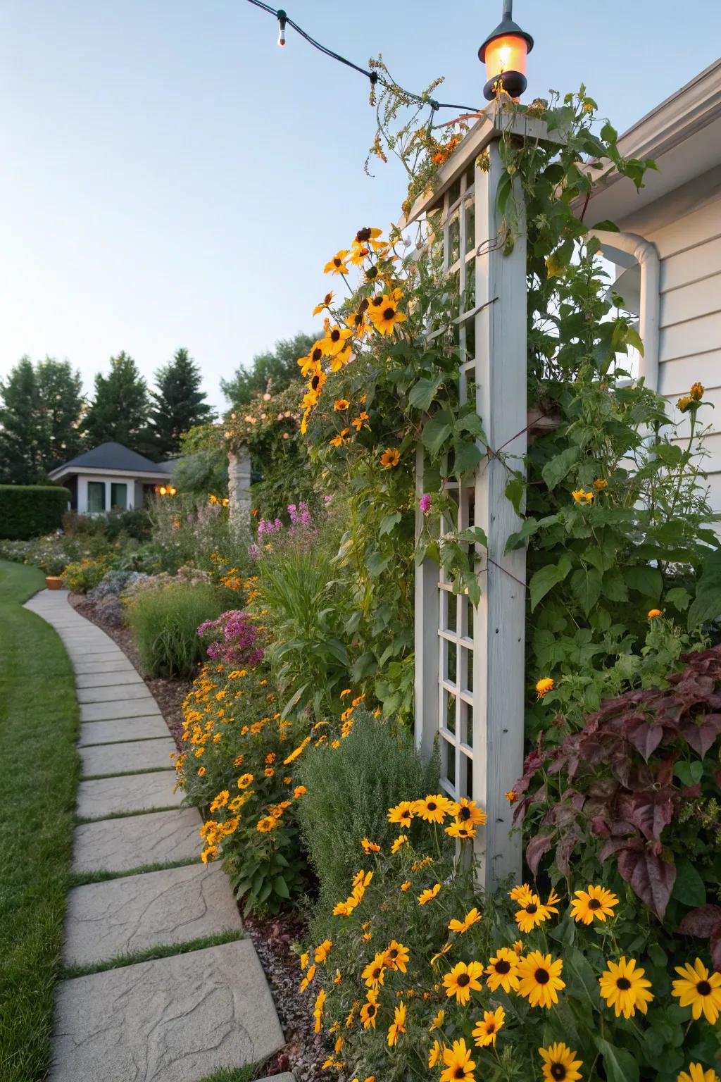 Vertical interest with Black Eyed Susan vines.