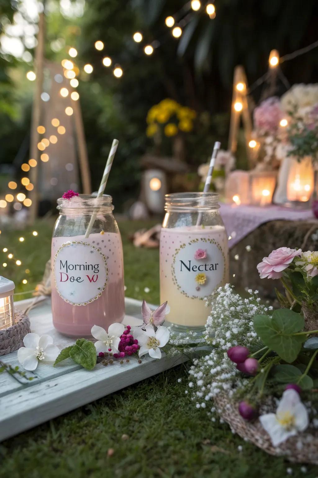 Whimsical drinks served in glass jars, adding magic to the fairy garden party.
