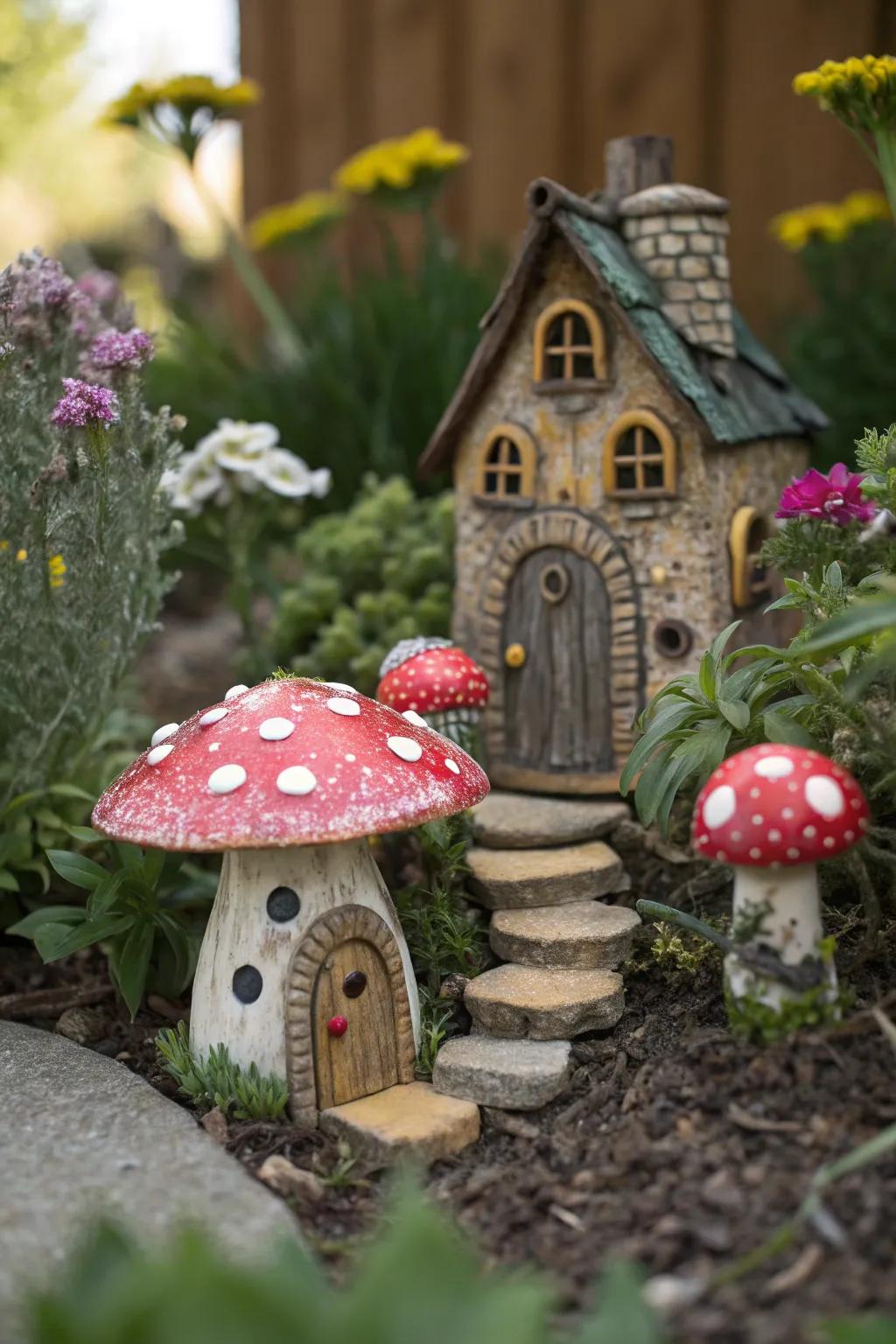 Charming miniature fairy houses and toadstools nestled in the garden.