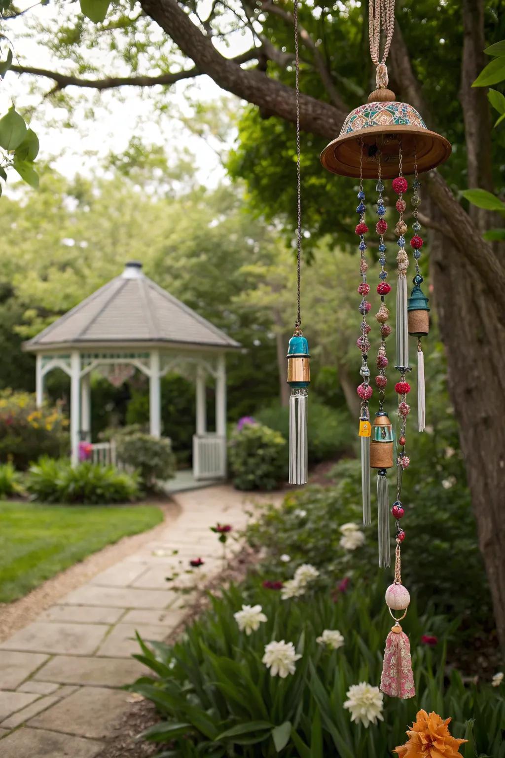 Whimsical wind chimes hanging in the garden, creating an enchanting soundscape.