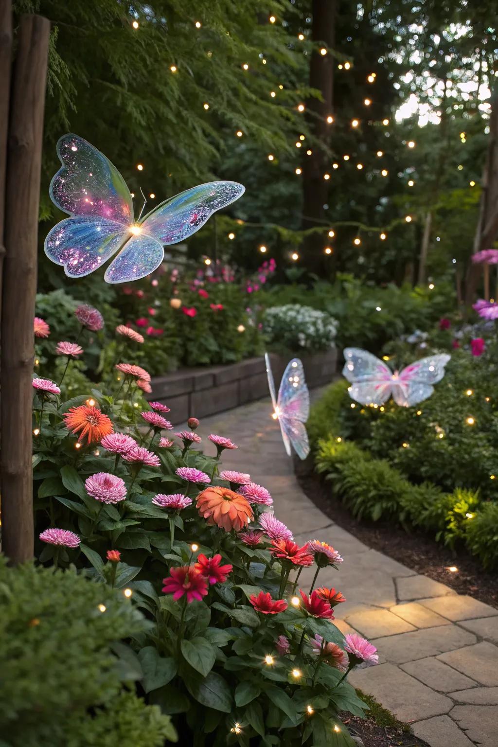 Iridescent butterflies and sparkly accents adding magic to the garden setting.