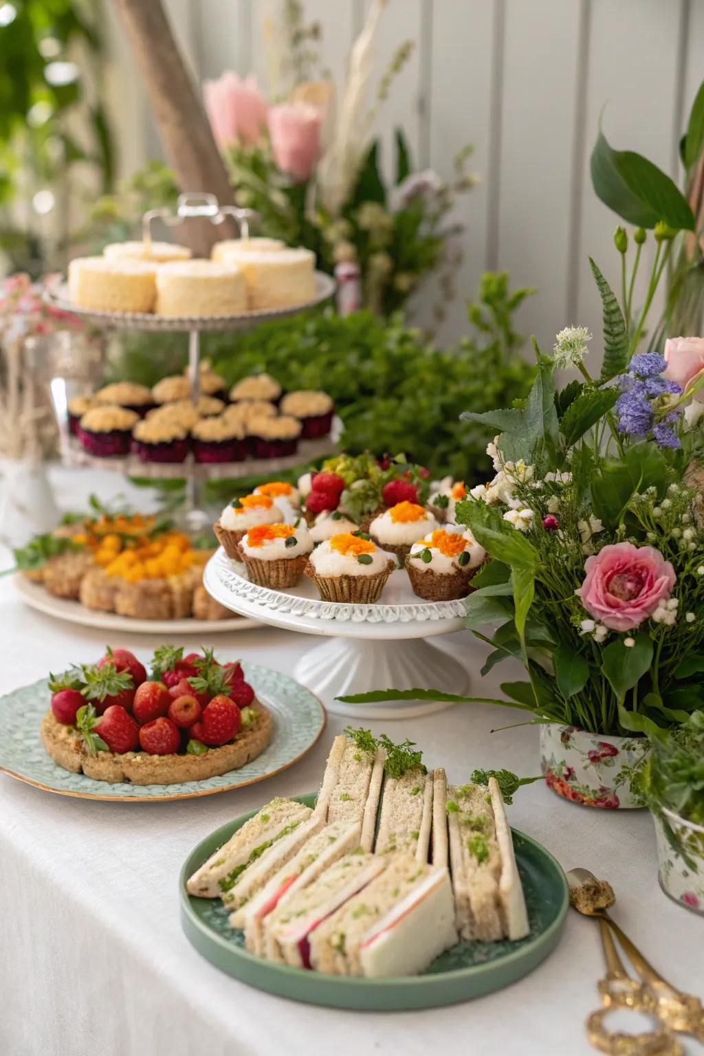A fairy feast with garden-inspired dishes, perfect for a whimsical garden party.